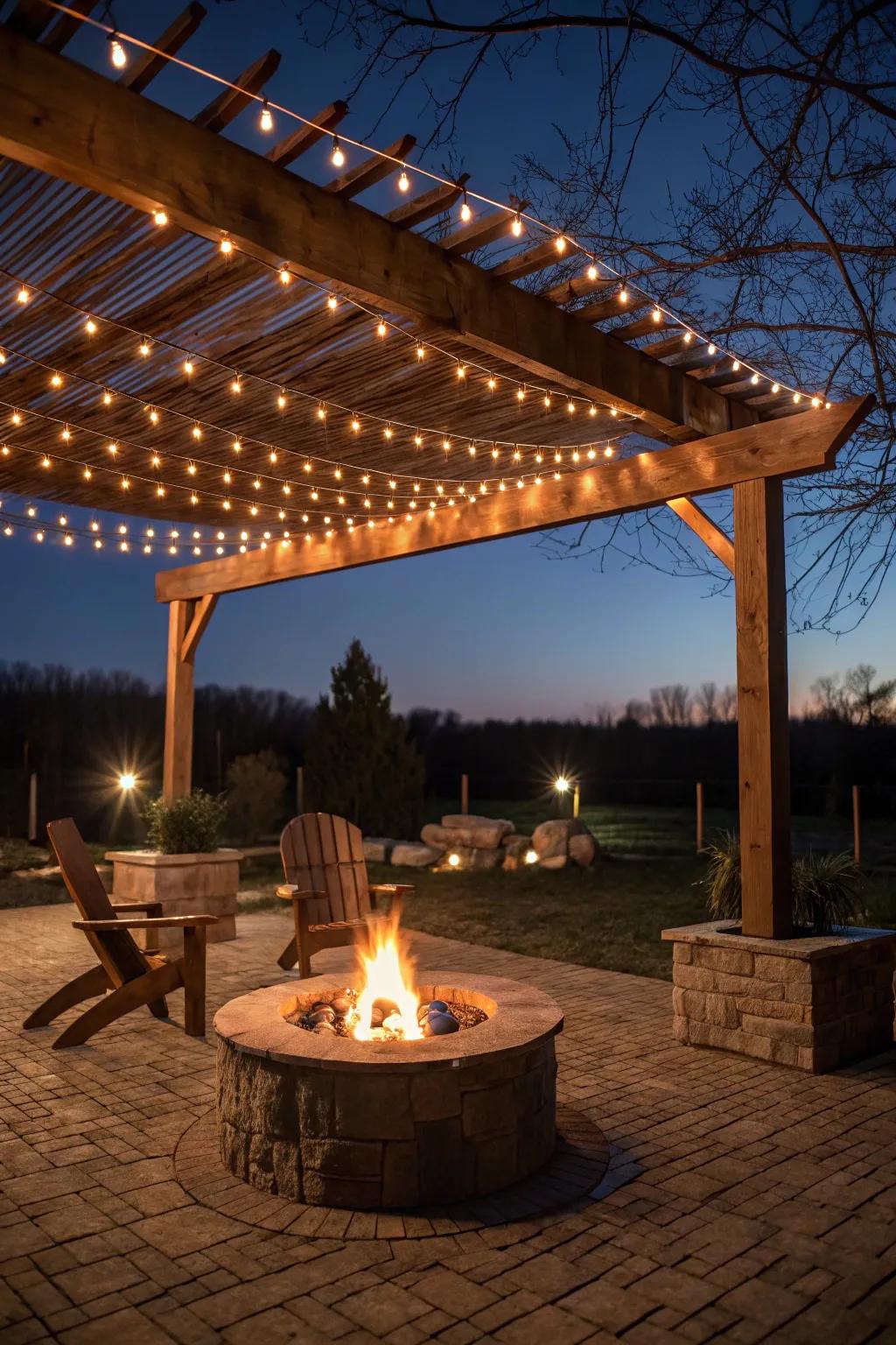 A pergola adorned with filament lights enhances the flame pit area with a magical glow.