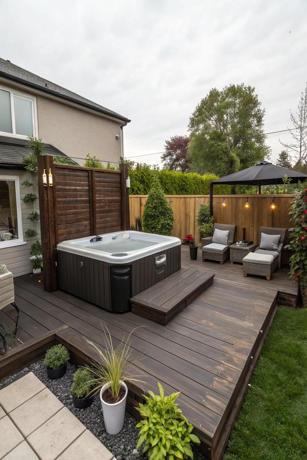 A small backyard showcasing a soak station built into a fashionable deck for an upscale appearance.
