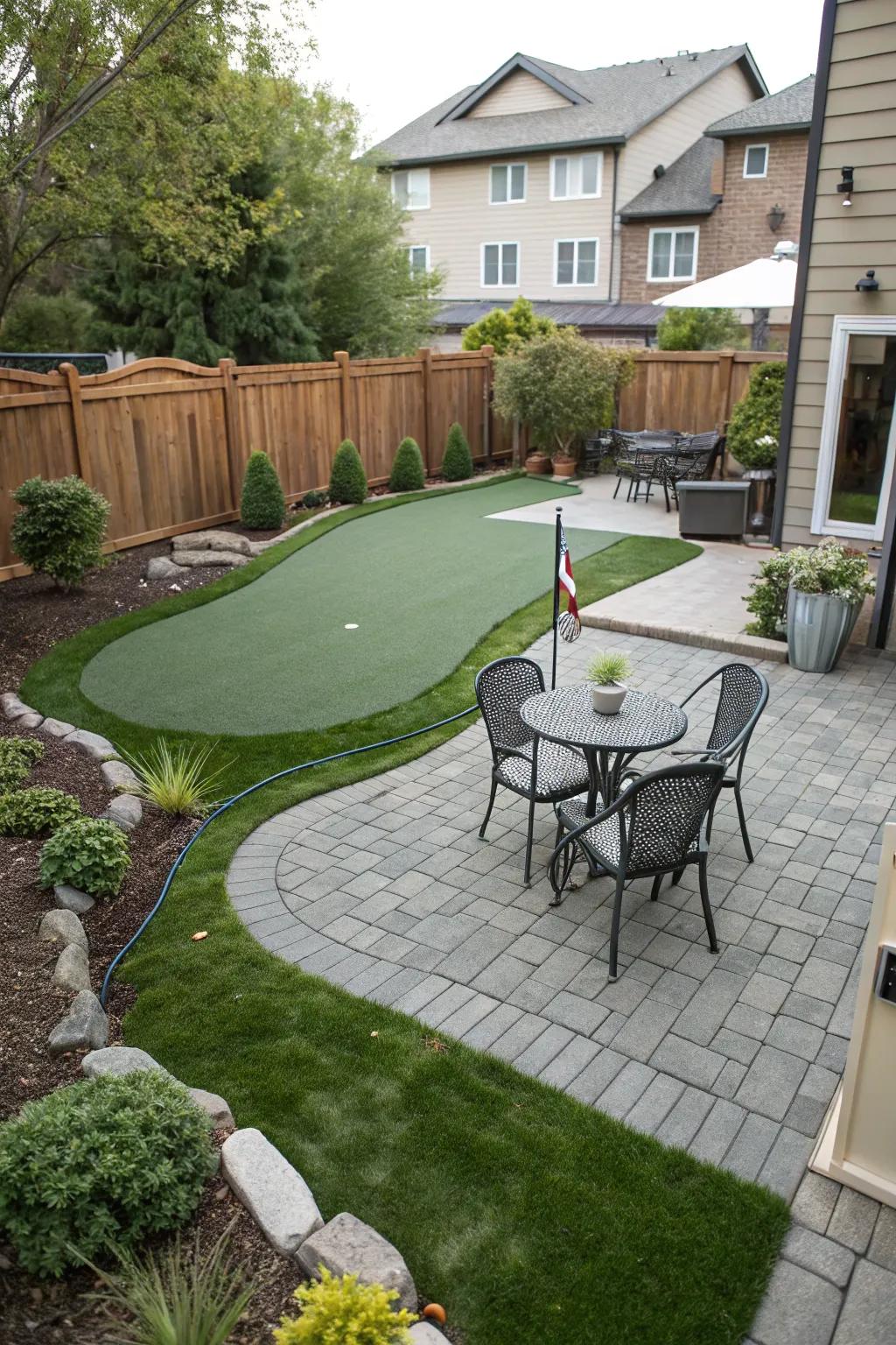 A putting green innovatively integrated with a terrace for a dynamic outdoor area.