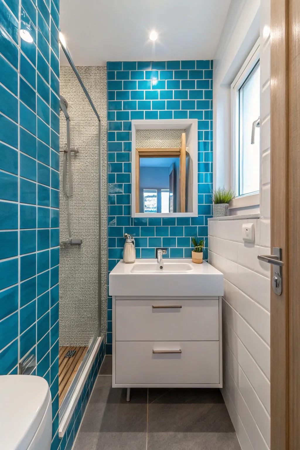 Striking colors transform compact bathrooms into vibrant getaways.
