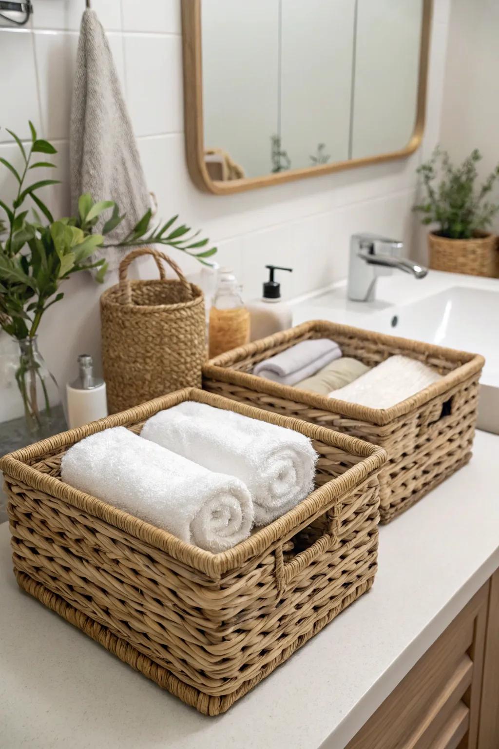Rattan baskets offer natural appeal and useful storage.