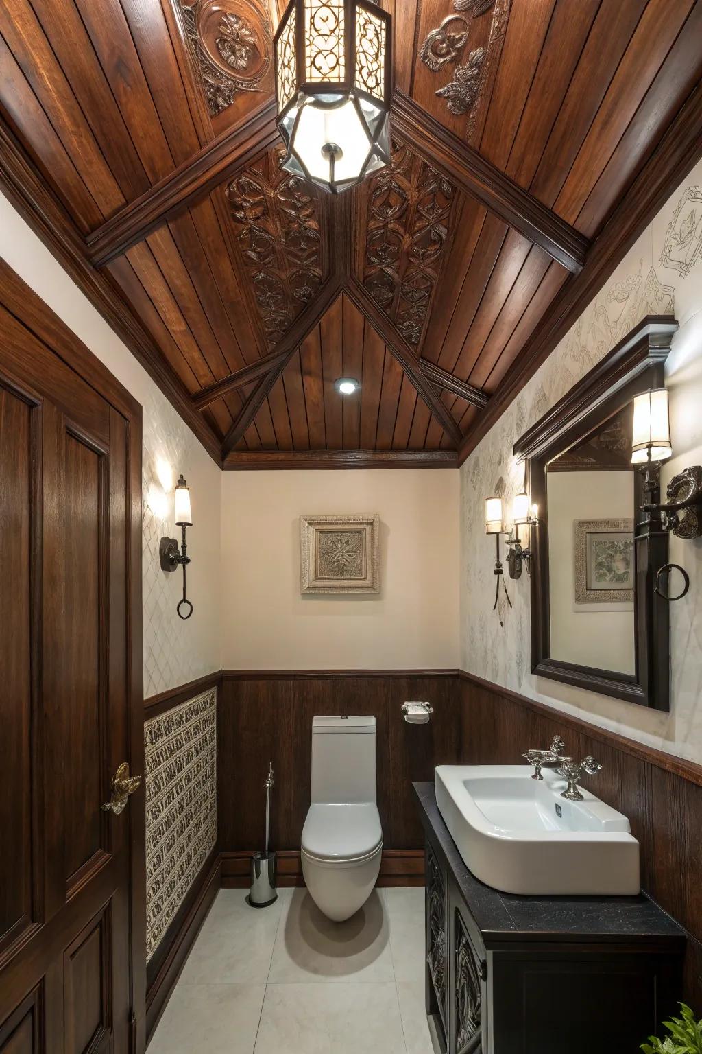 Luxurious bathroom with a dark wood ceiling creating drama.