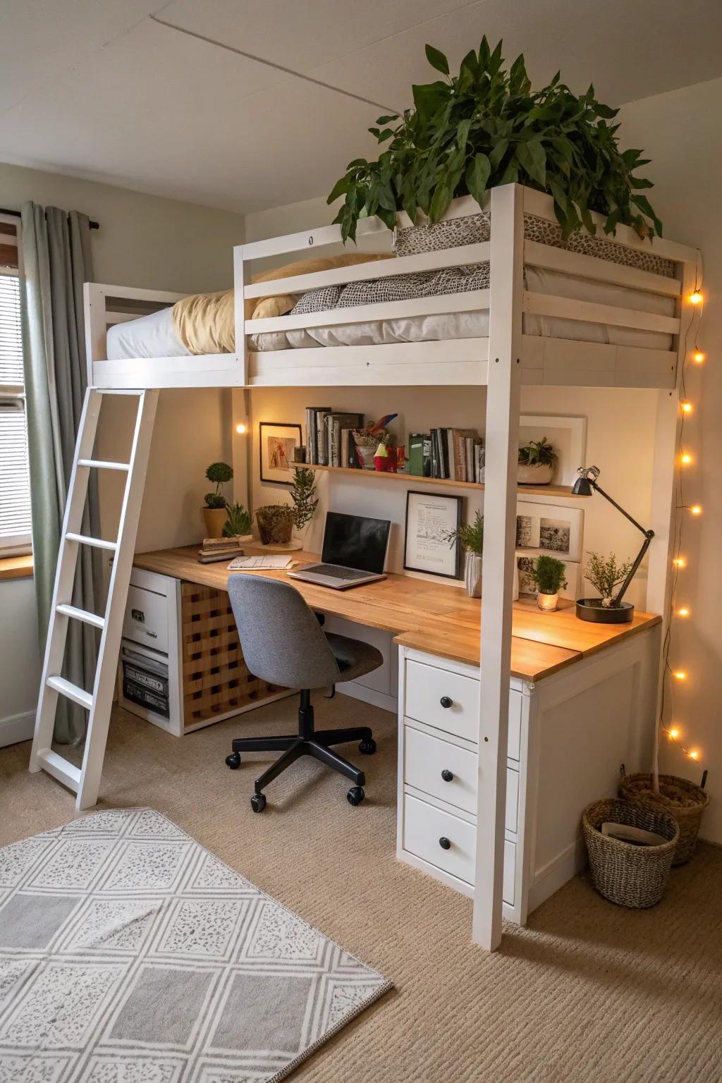 High sleeping platforms provide extra space for relaxation or work.