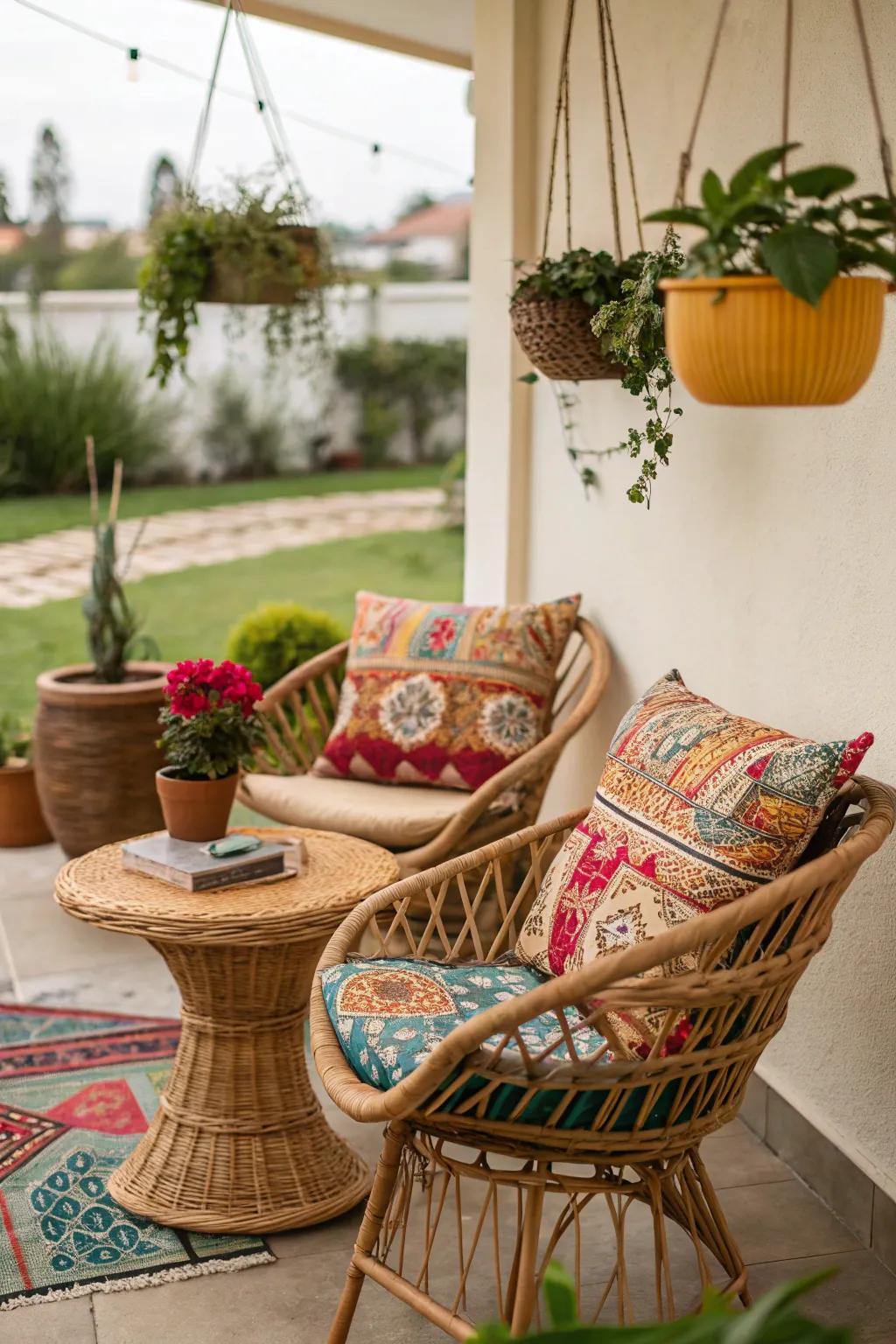 Rattan and wicker bring rustic appeal to a boho patio.
