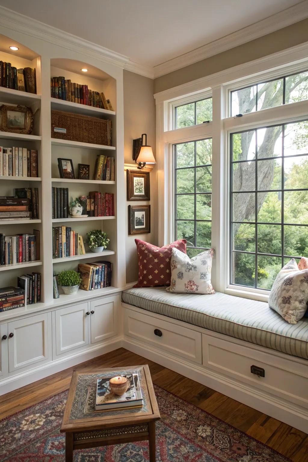 Merge seating and storage for a snug perusing alcove.