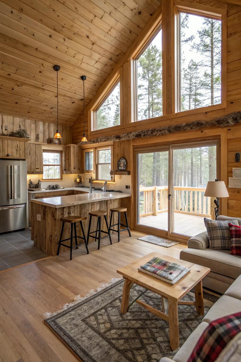 An open floor plan in a small cabin, uniting kitchen and living spaces.