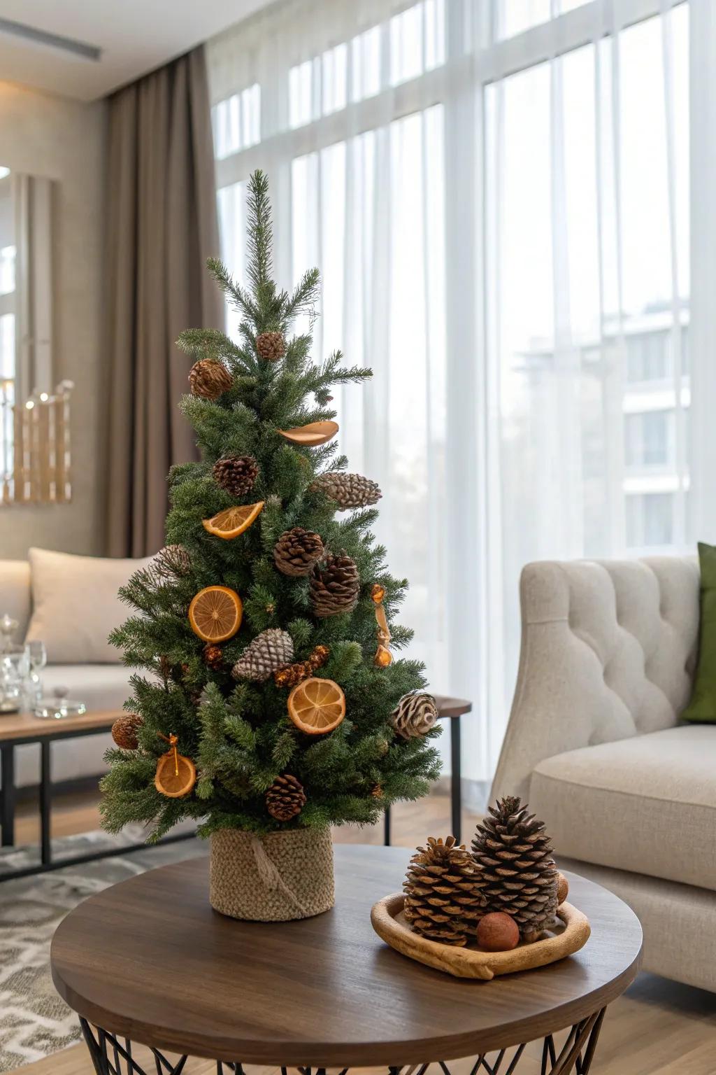 Raw elements impart a snug, organic sensation to this petite Christmas tree.