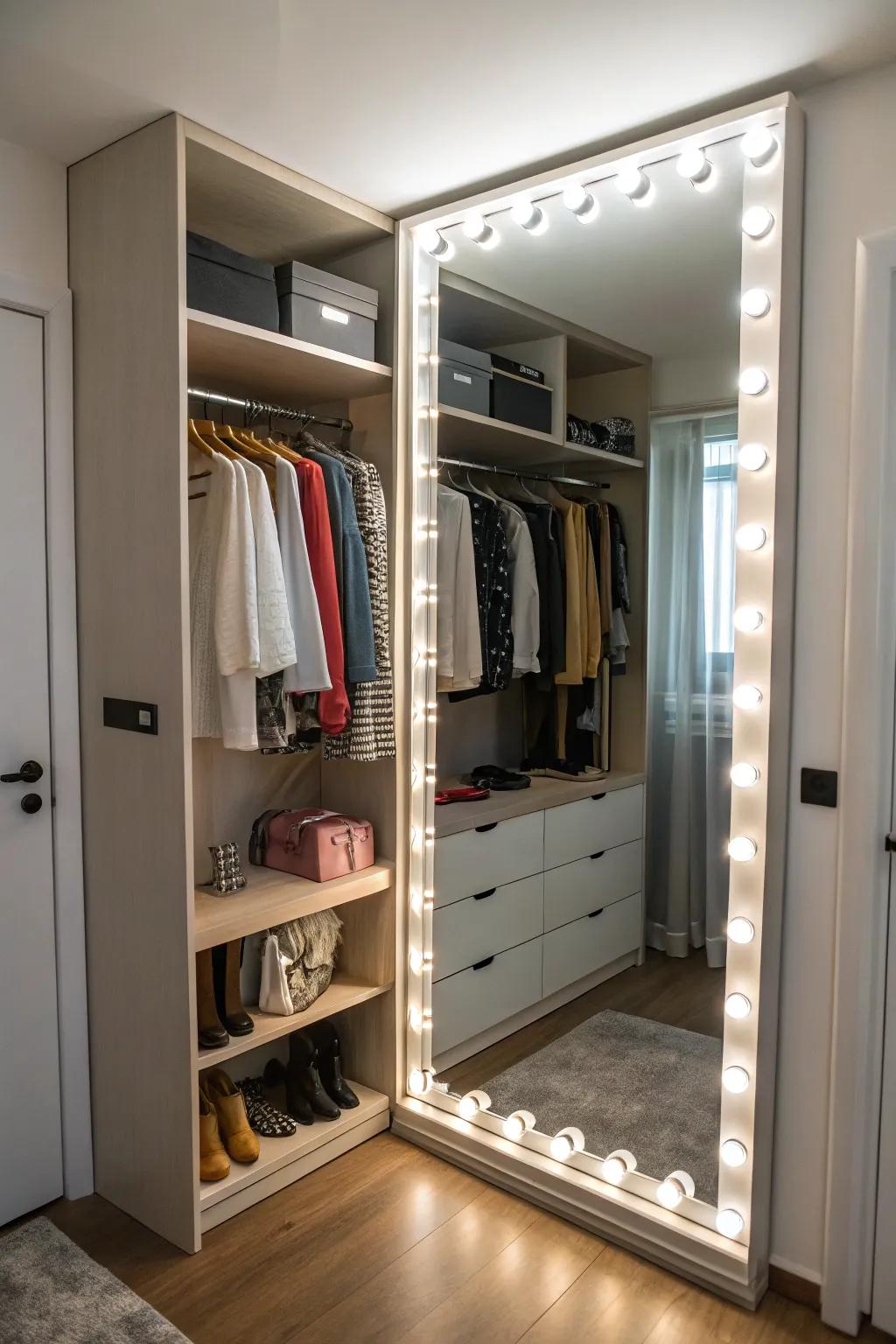 A mirror with integrated lighting enhances both utility and style in a compact closet.