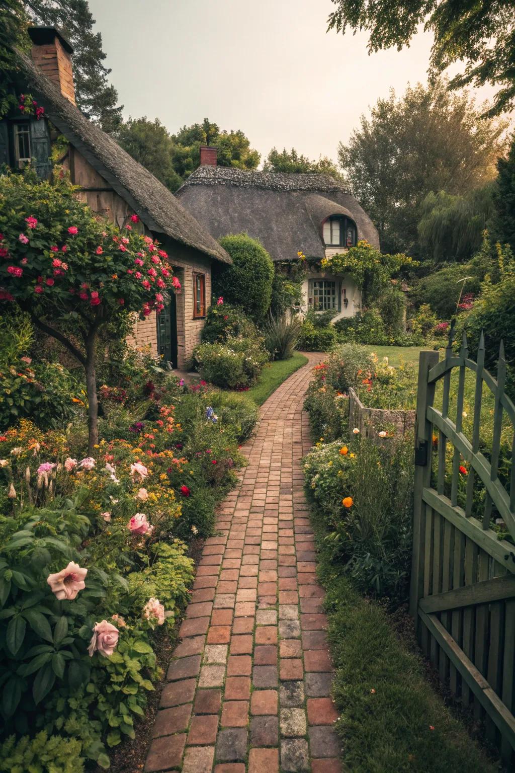 A charming brick walkway leads to a comfortable cottage.