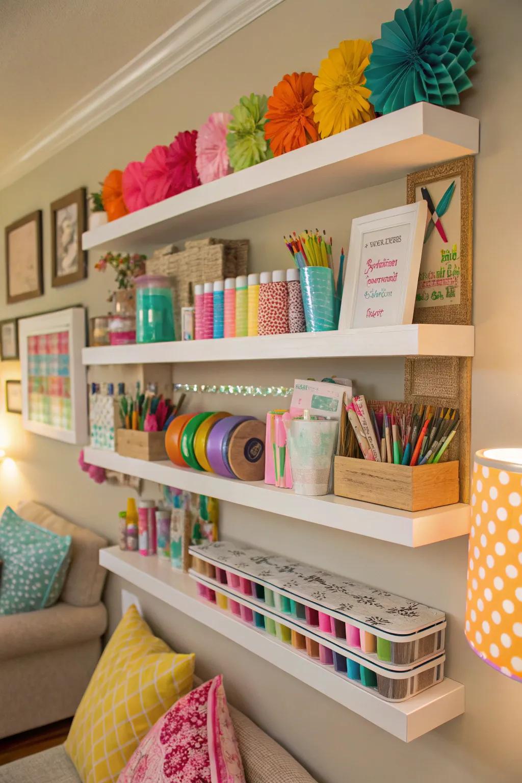 Floating shelves offer storage without occupying valuable floor area.