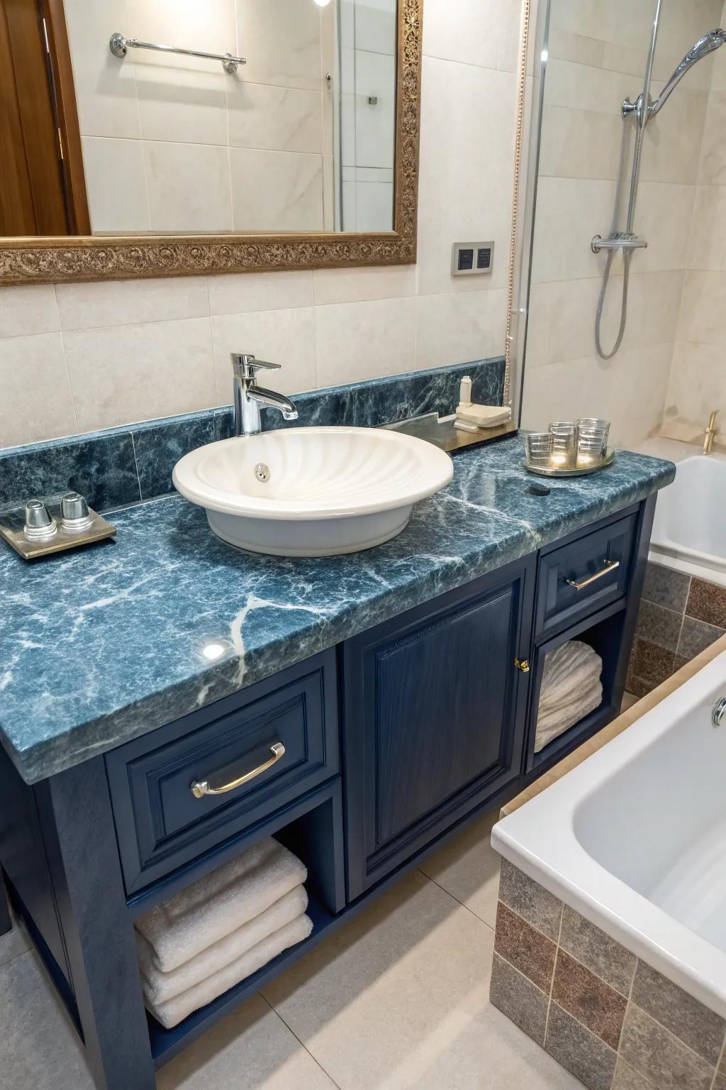Blue marble surfaces bring sophistication and natural allure to the bathroom.
