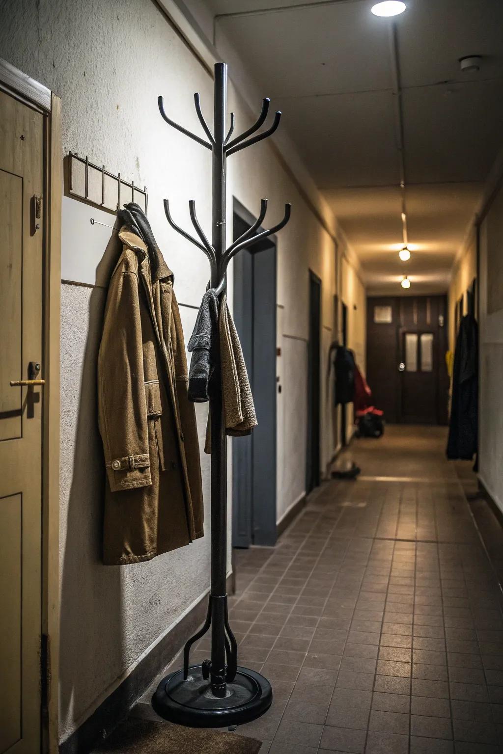 A space-saving standing rack ideal for narrow hallways.