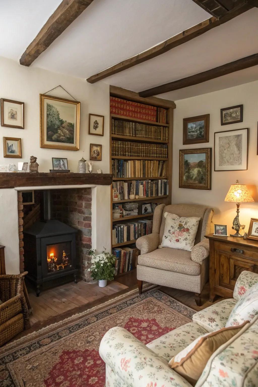 Classic ornamentation, including bookcases and framed artworks, enhances the room's history.
