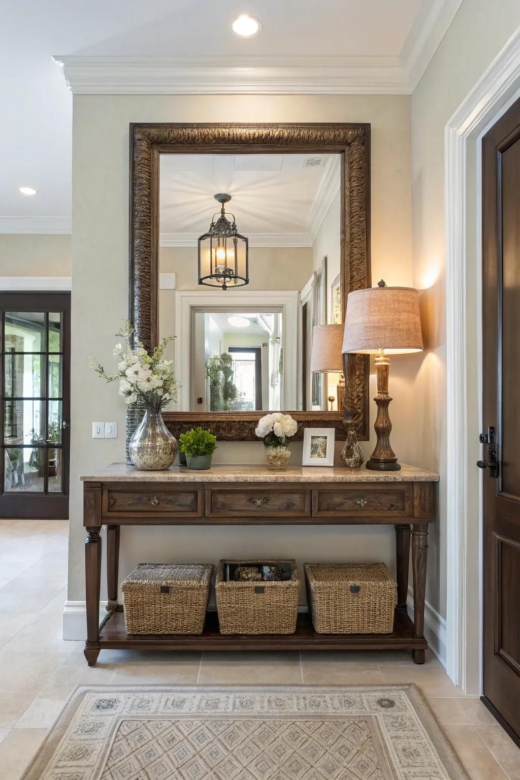 A mirror adds profundity and luminosity to the entryway.