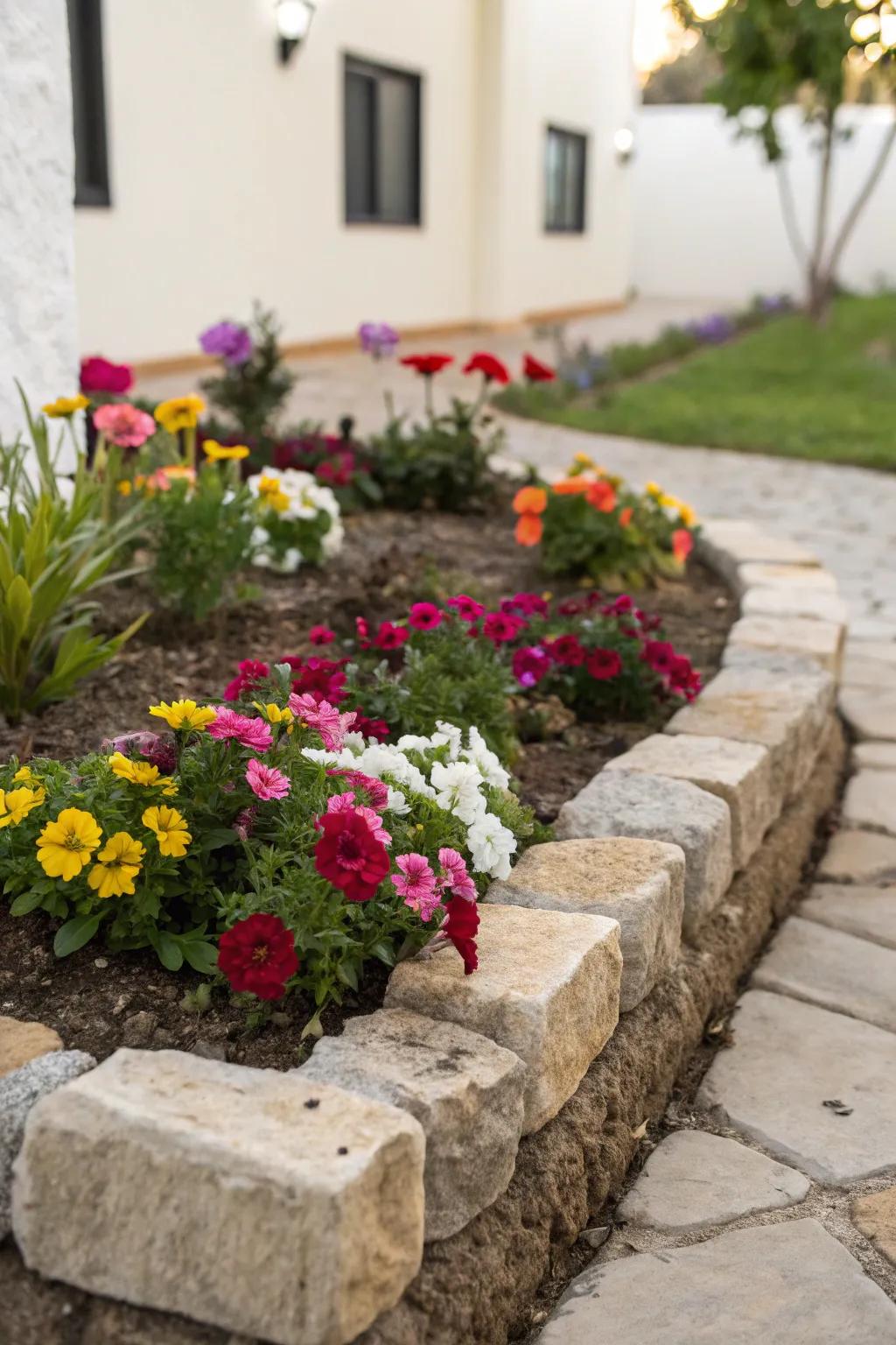 A neat, small flower bed featuring well-defined stone edging and colorful flowers.