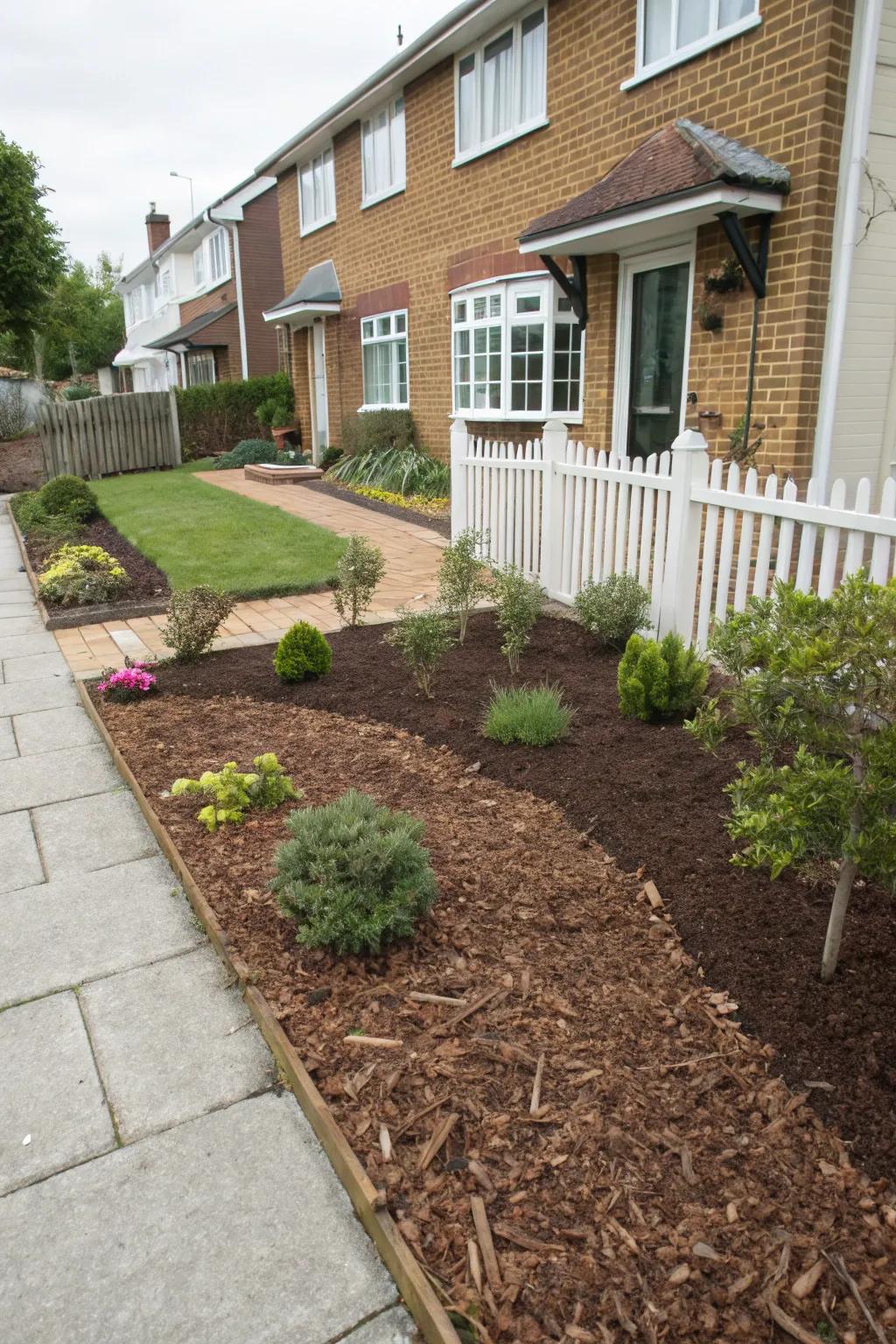 A well-kept front garden featuring mulch spread across plant beds for simple maintenance.