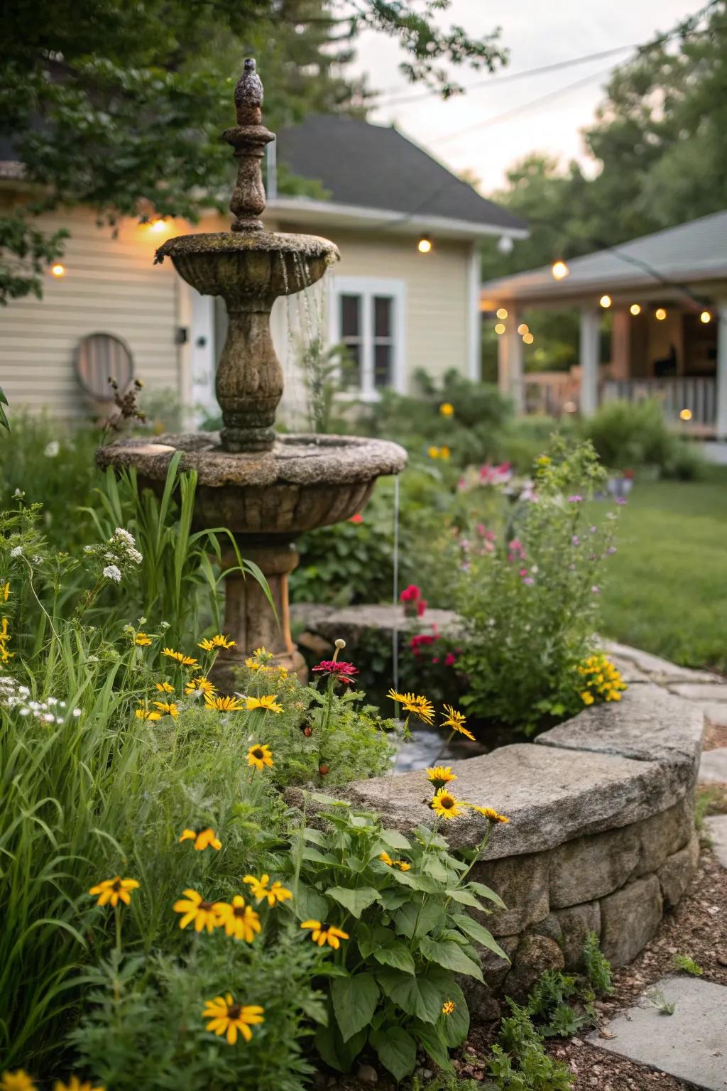 A weathered rock fountain appears naturally stunning.