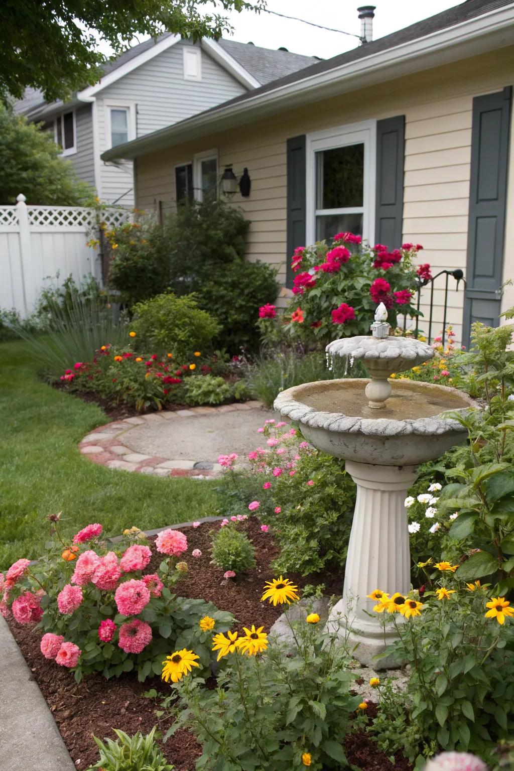 A small water feature adds charm and peace.