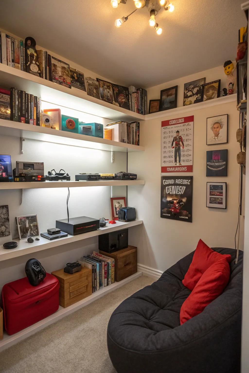 Shelves that float are a smart way to store your gaming must-haves.