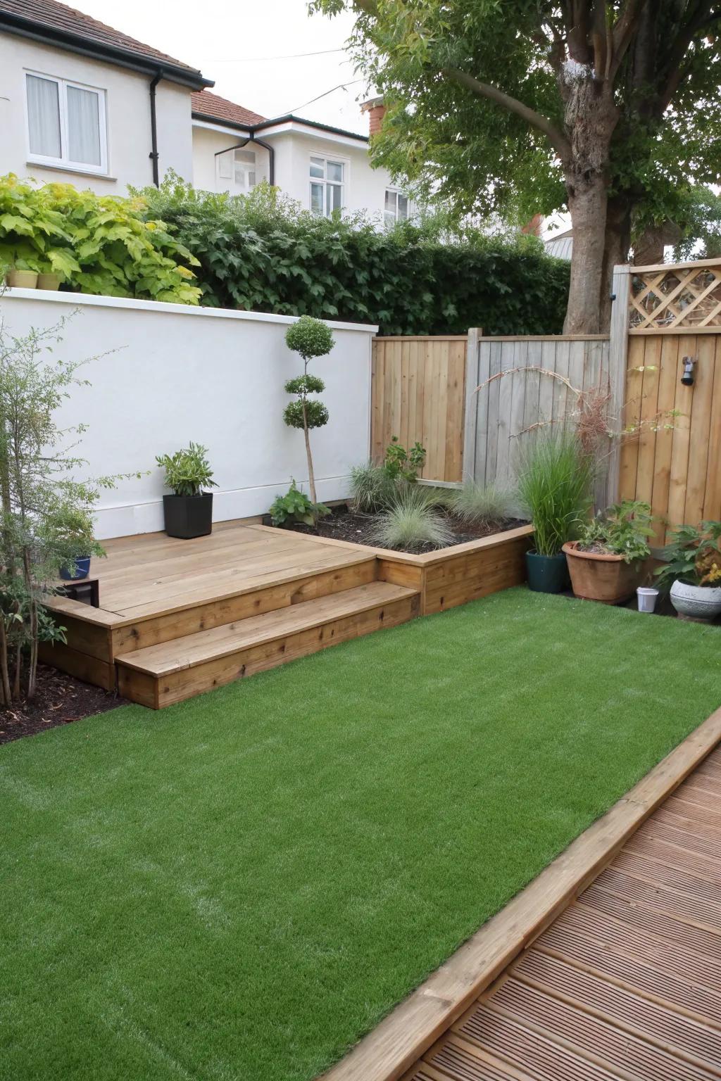 A multi-level garden design using artificial grass and a wooden platform.