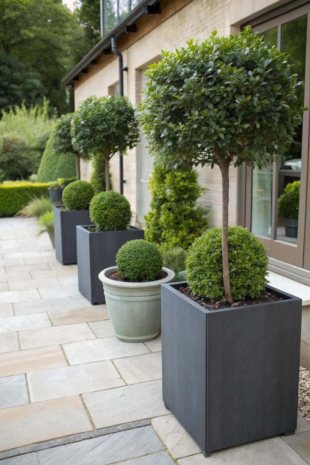 Container hedges suited for decks and petite areas.
