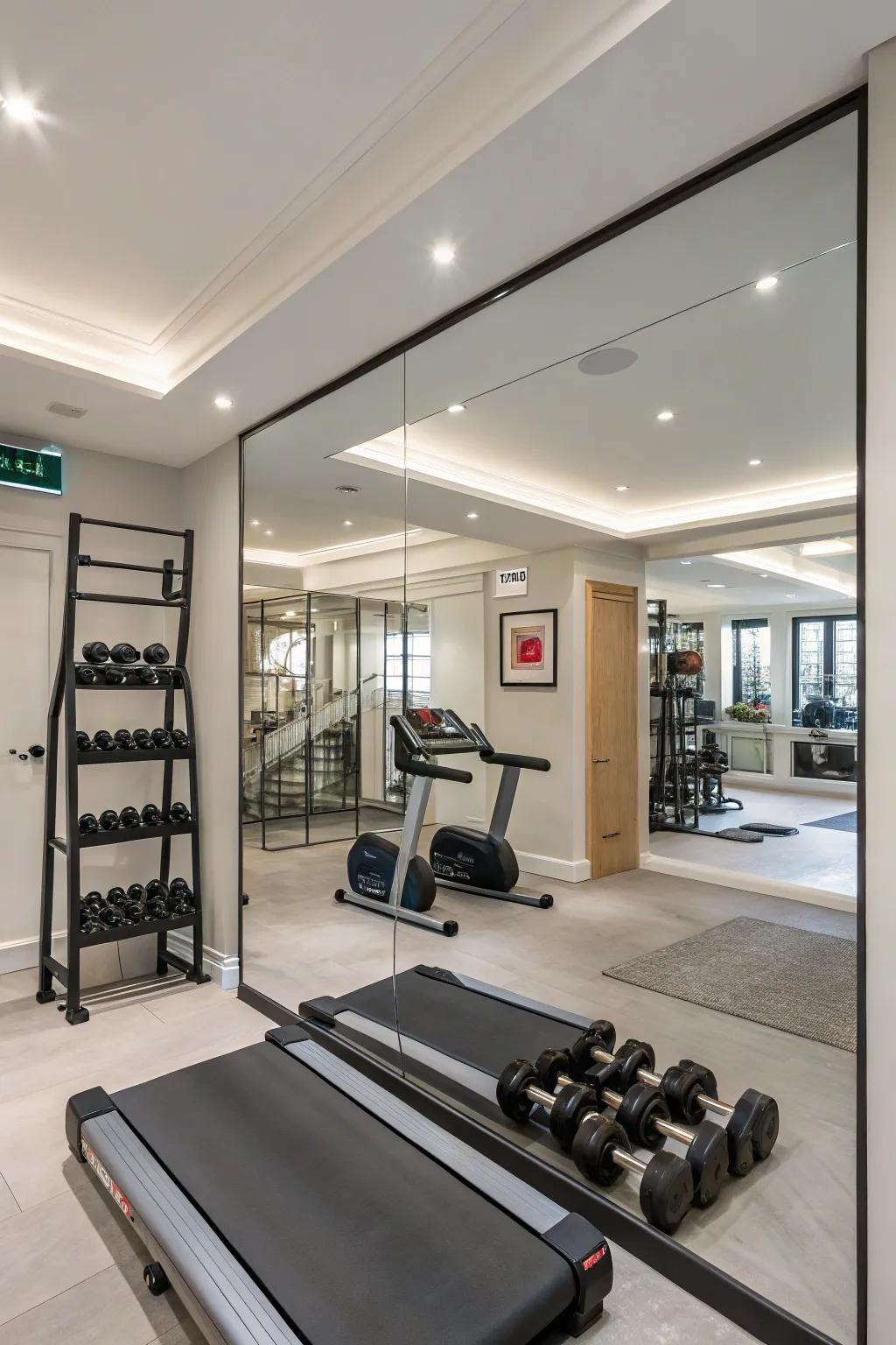 Mirrors improve the aesthetics and usability of a small home gym.