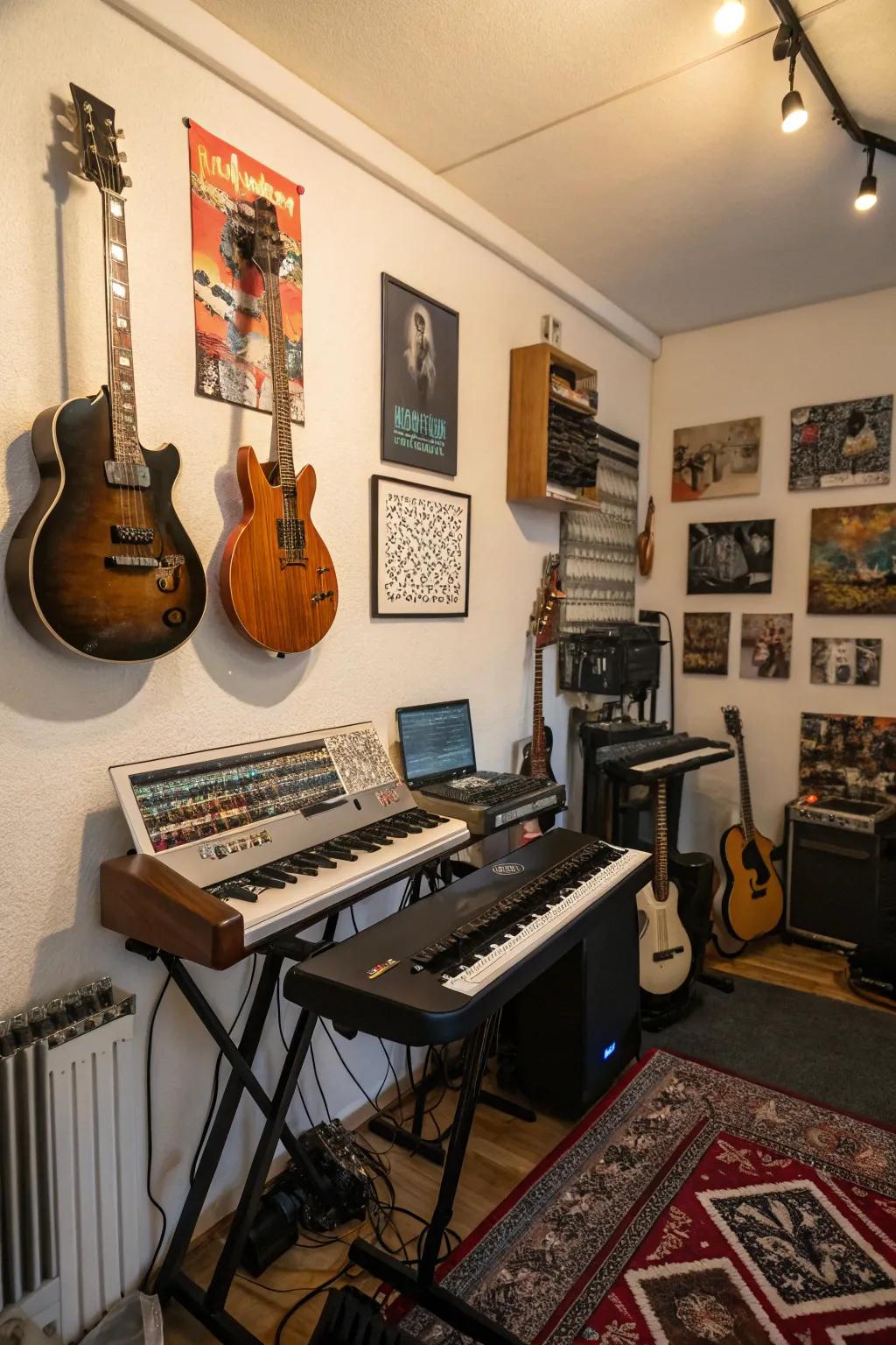 A wall showcase for instruments saves space and adds an artistic touch.
