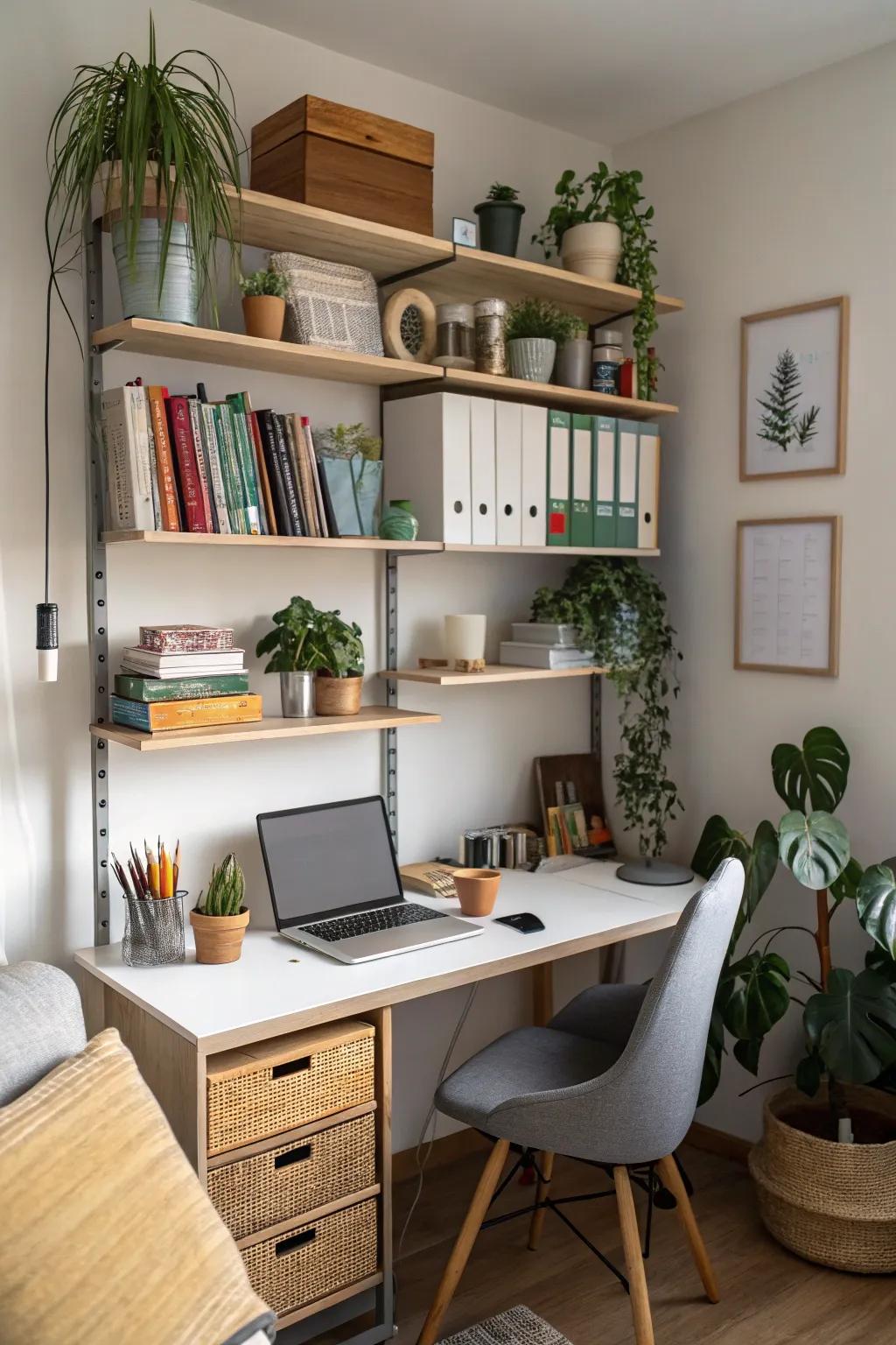 A small home office efficiently using vertical shelving.