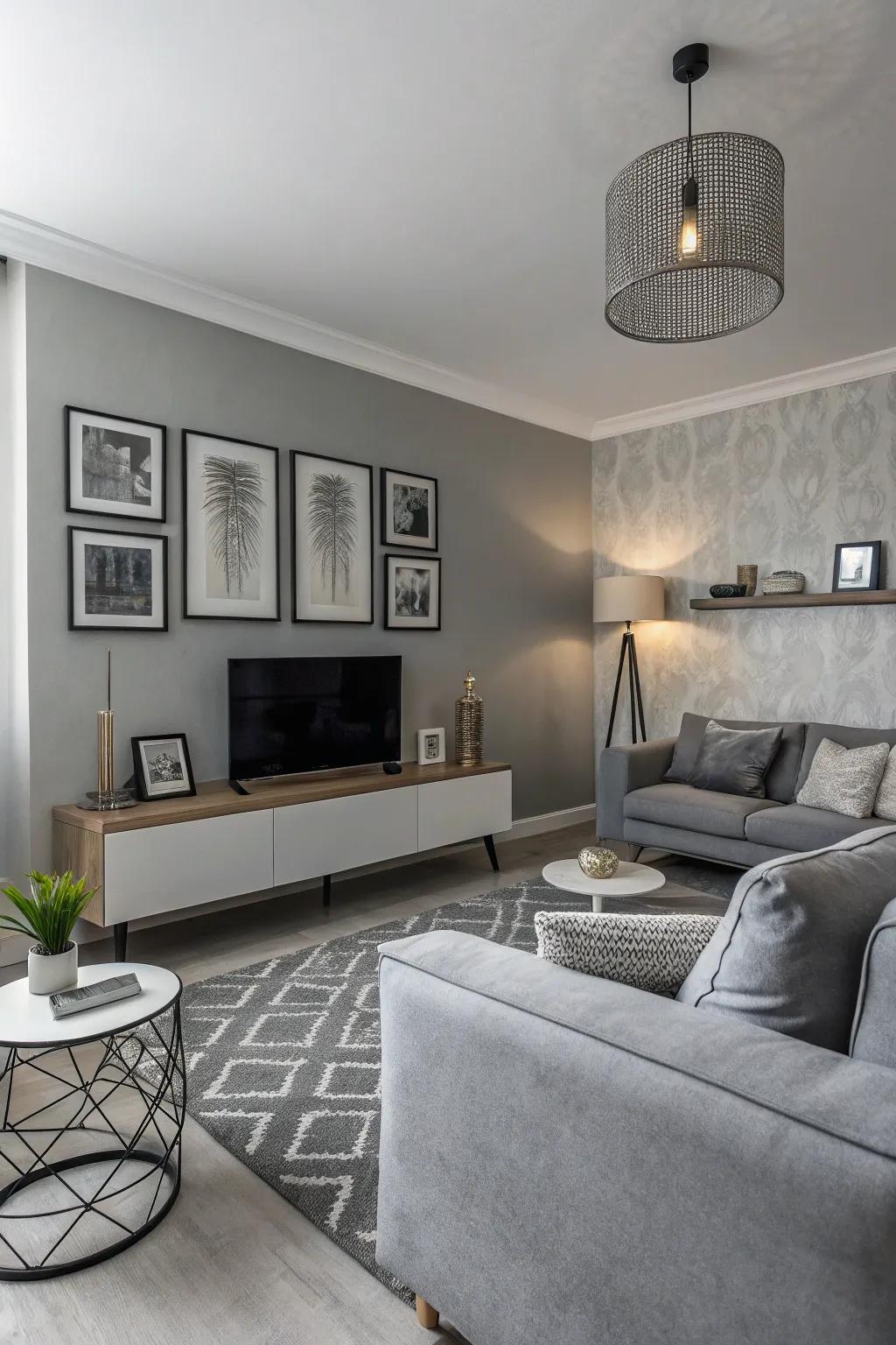 A compact living area utilizing a monochrome palette for a polished appearance.