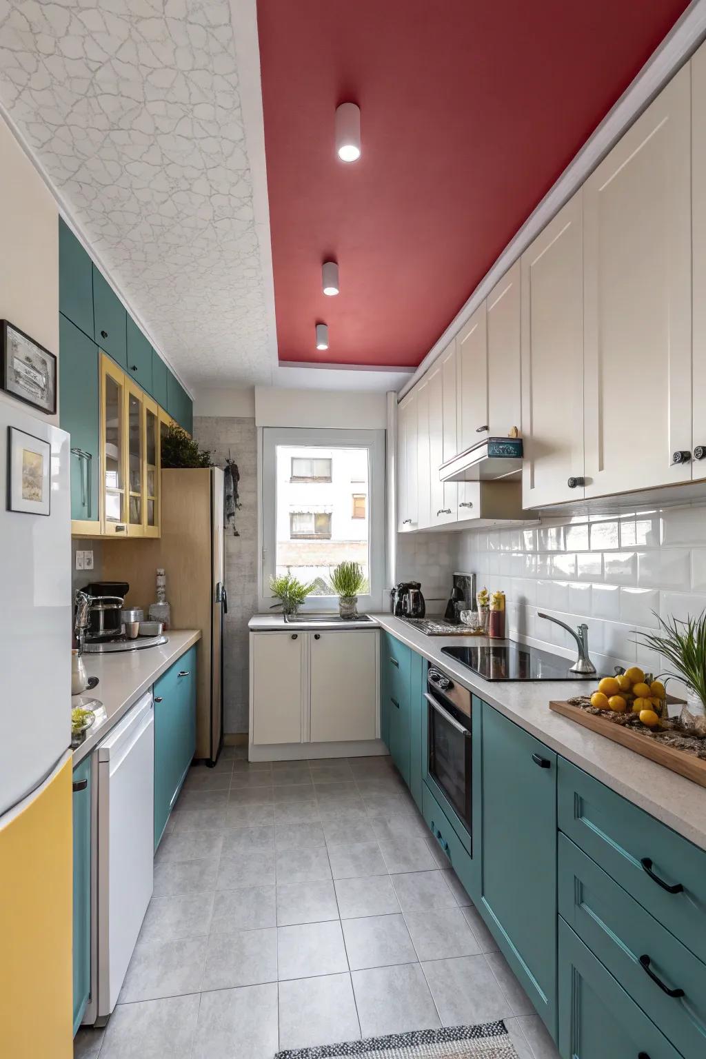 Opposing tones in a cooking area create visual attraction and highlight roofs.