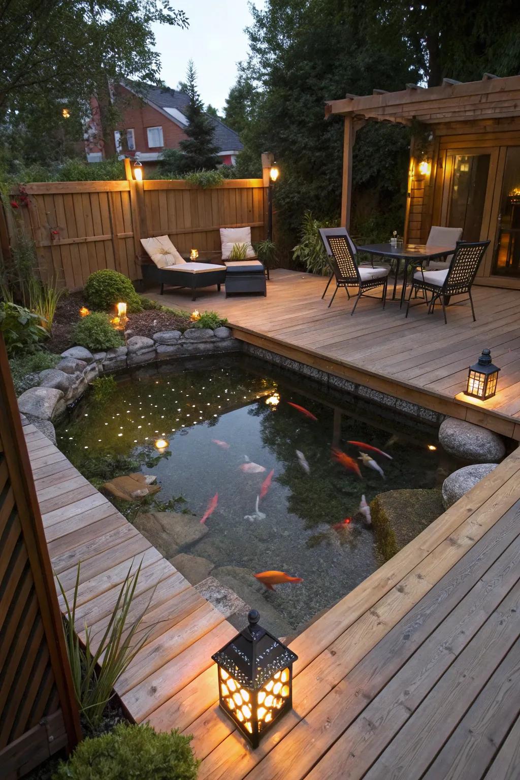 A cozy patio koi pond perfect for evening relaxation.