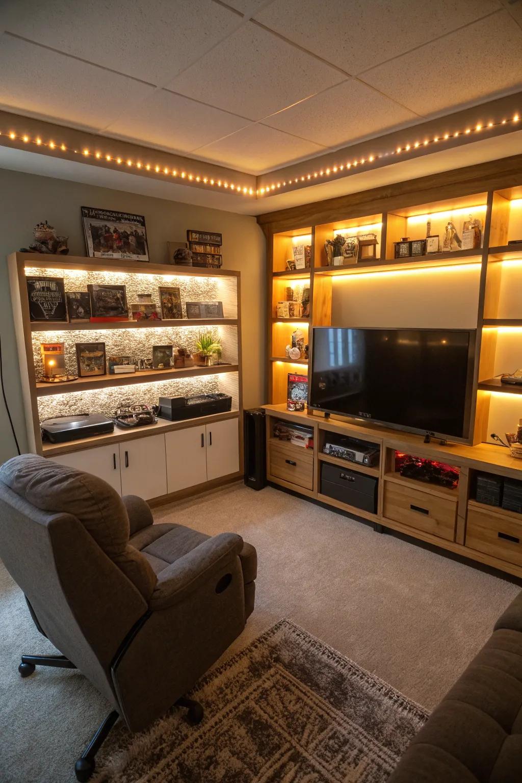 LED strip lighting beneath shelves creates a welcoming and cozy setting.