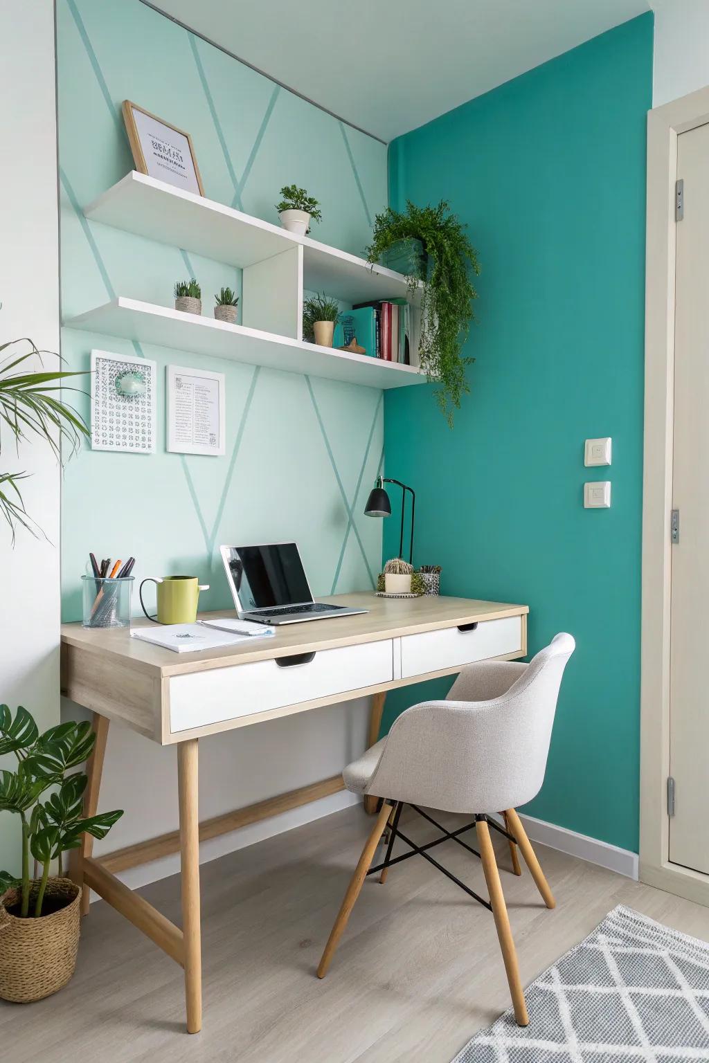 A small office featuring a vibrant accent wall for a burst of energy.