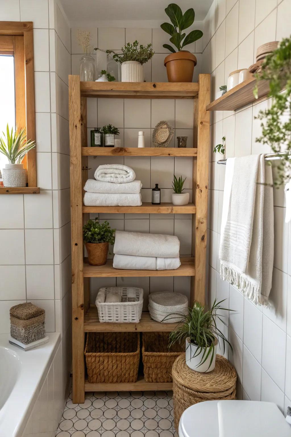 Effective storage through open timber shelves within a rustic bathroom.