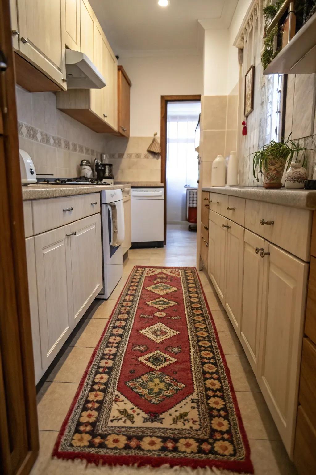 A vivid runner gives this kitchen charm and character.