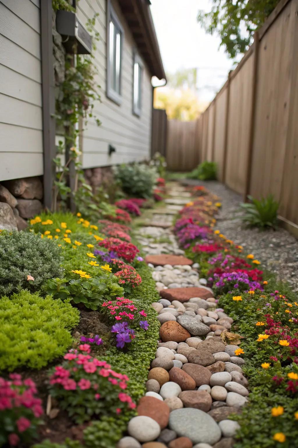 Decorative ground cover brings color and texture to narrow side yards.