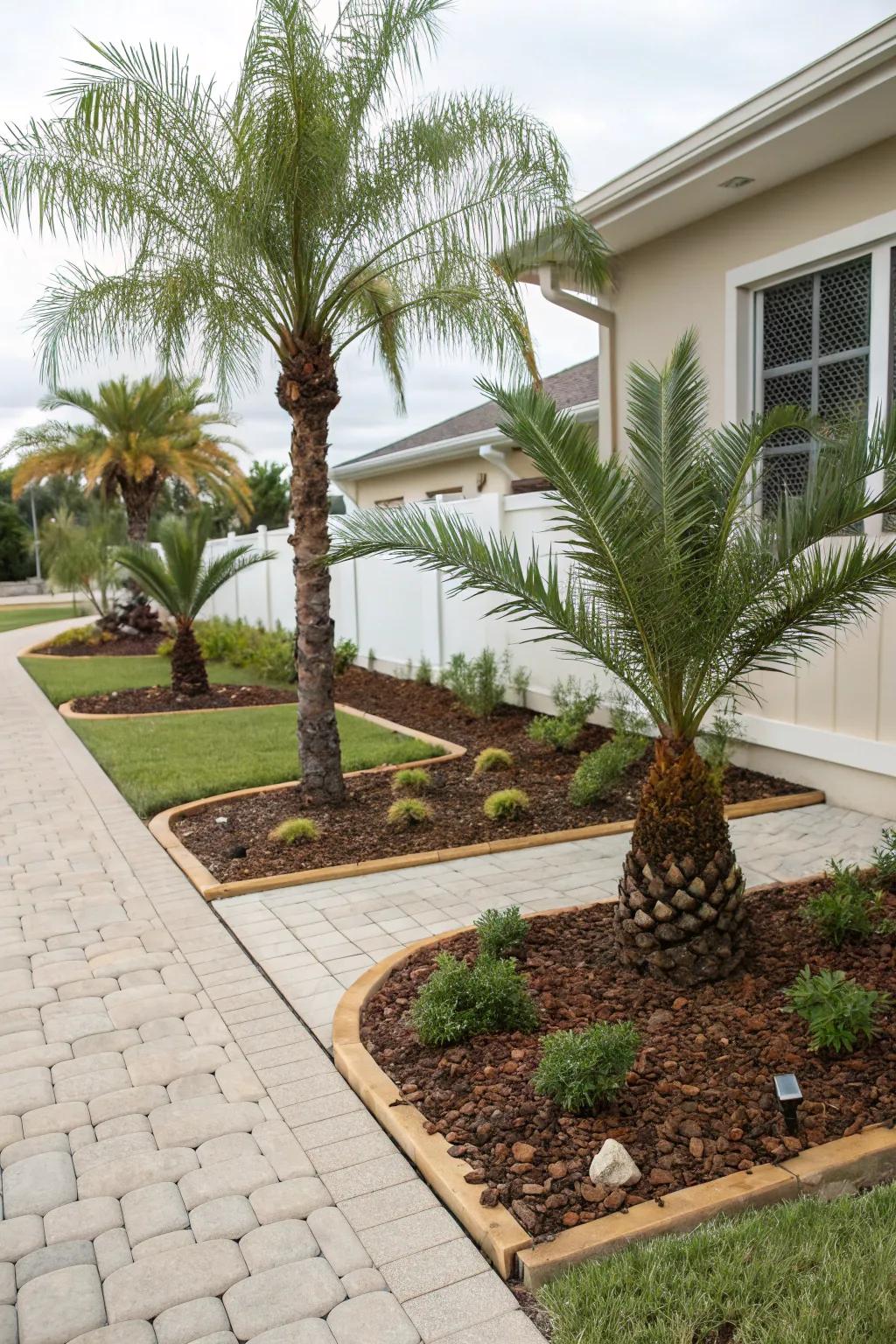 Mulch beds define and improve planting spaces around palm trees.