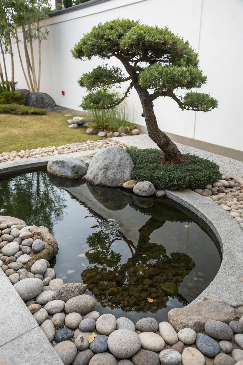 A Zen pond design encourages tranquility and mindfulness.