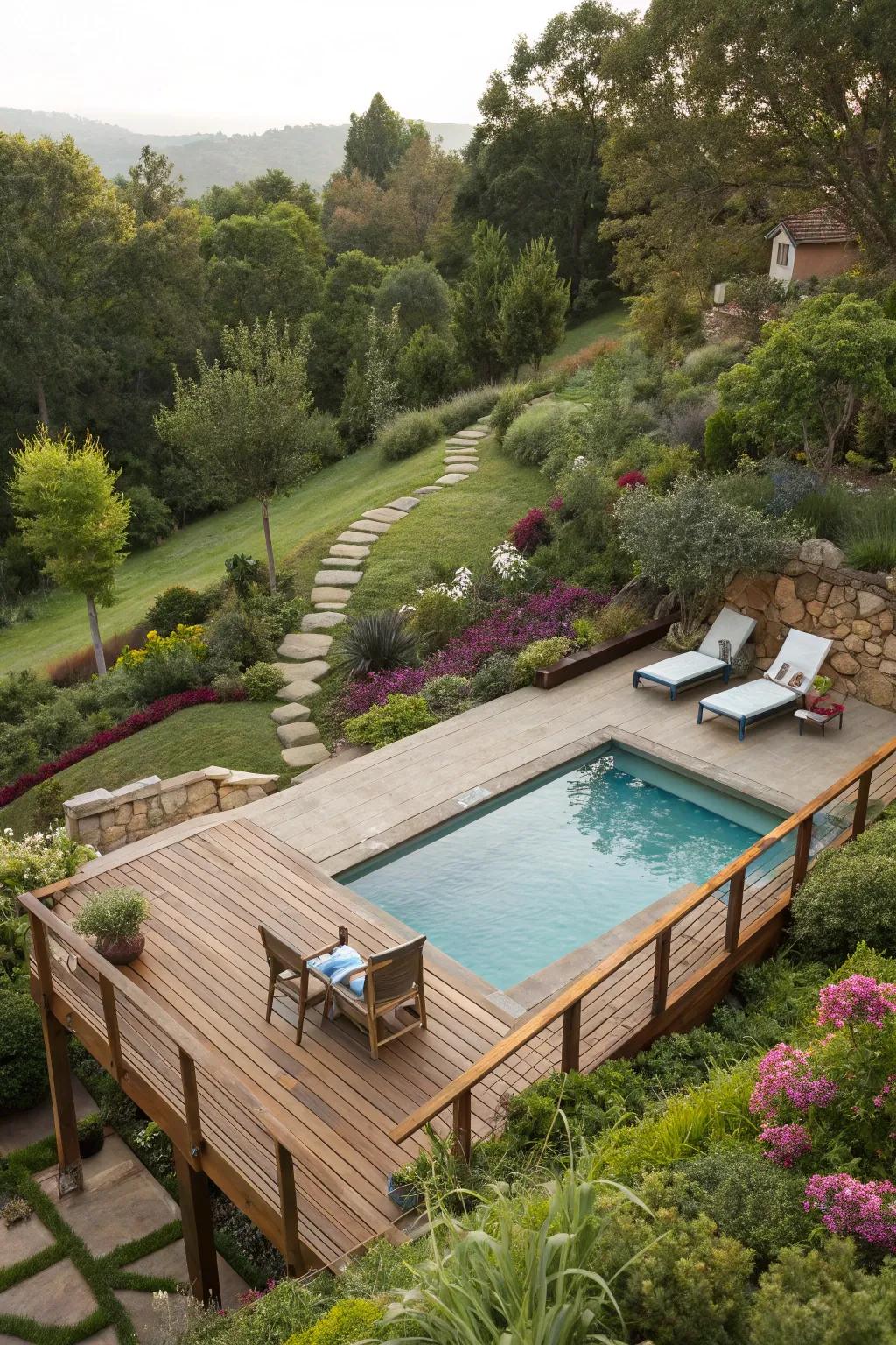 Featuring stunning garden vistas, an above-ground pool with a deck.
