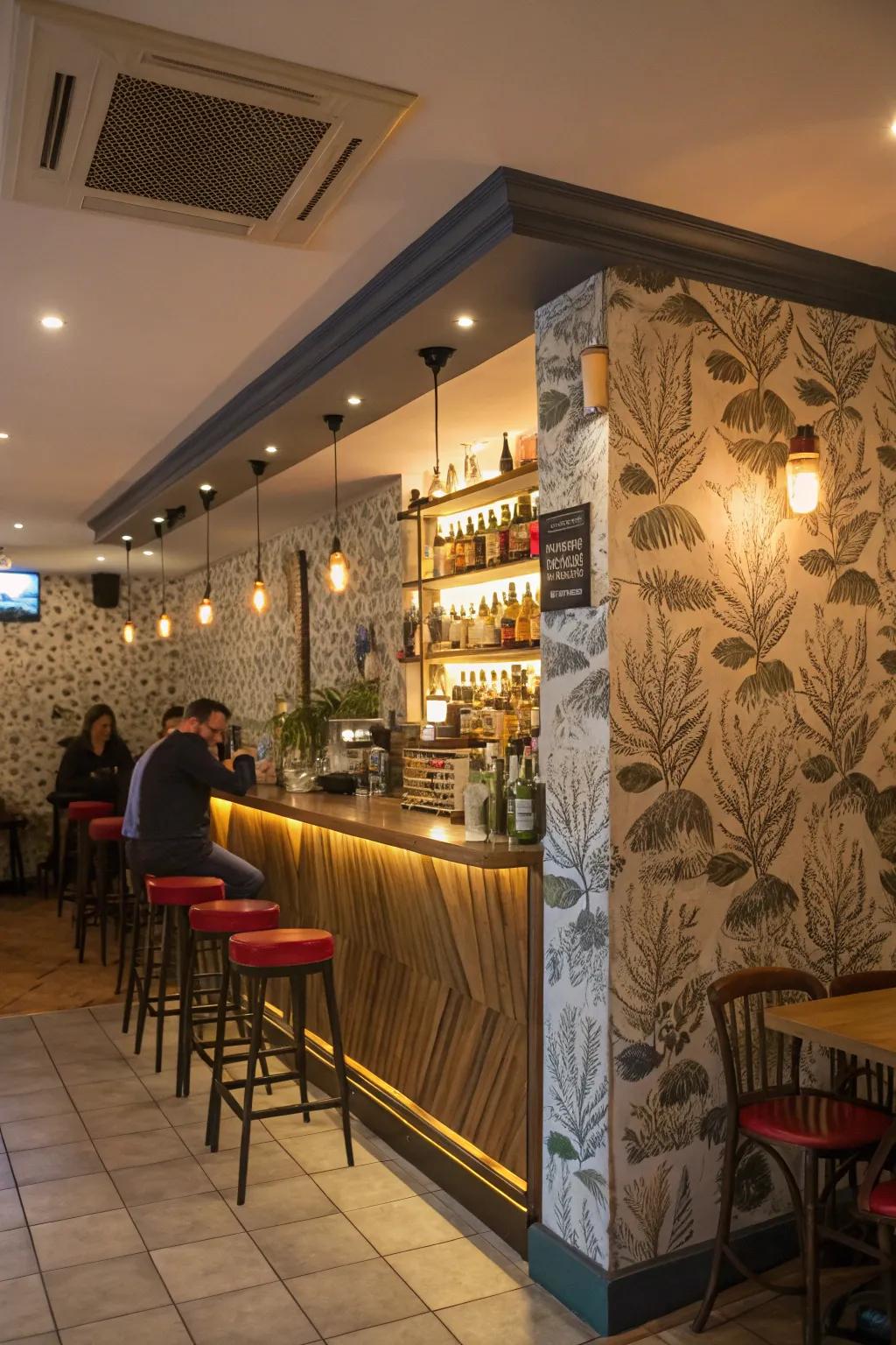 An eye-catching wall injects persona into a compact restaurant bar.