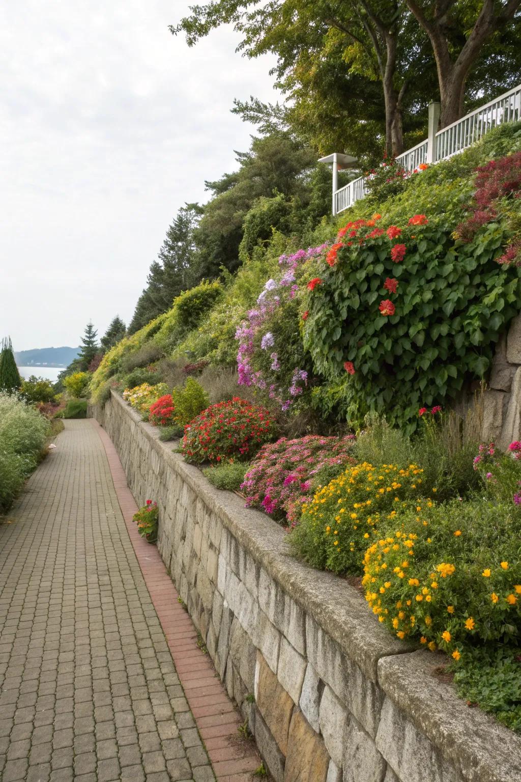 Integrating flora with retaining walls amplifies garden charm.