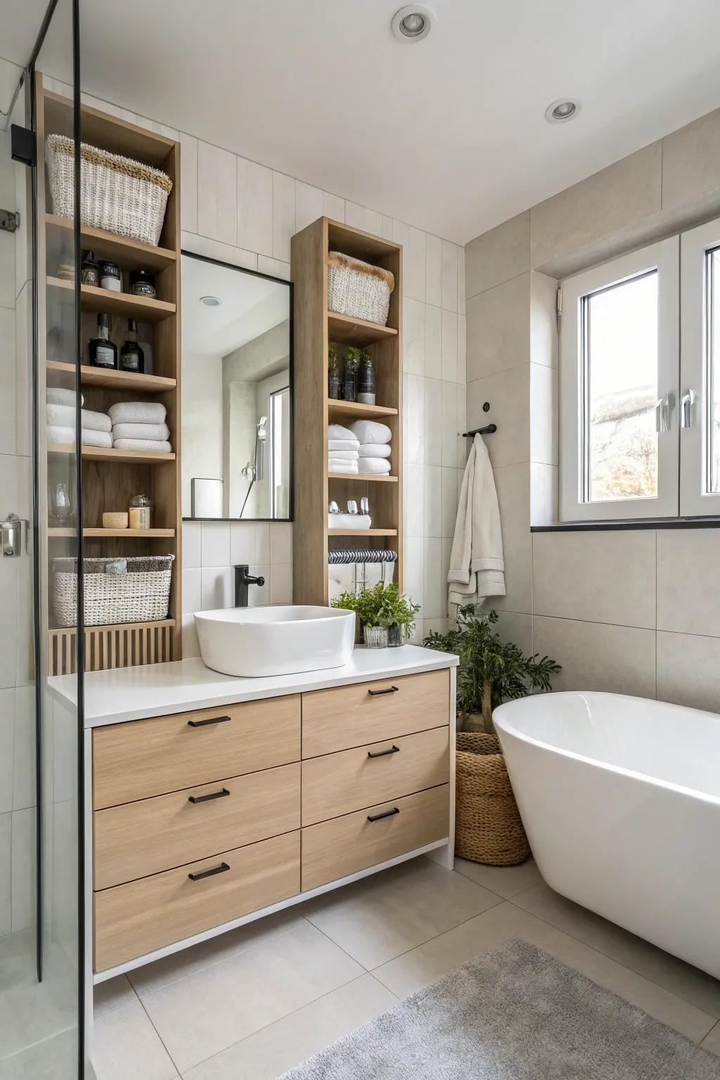 Functional storage maintains a well-organized and uncluttered bathroom.