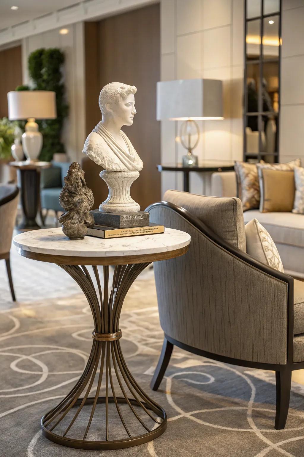 A distinctive sculpture introduces artistic curiosity to an accent table.