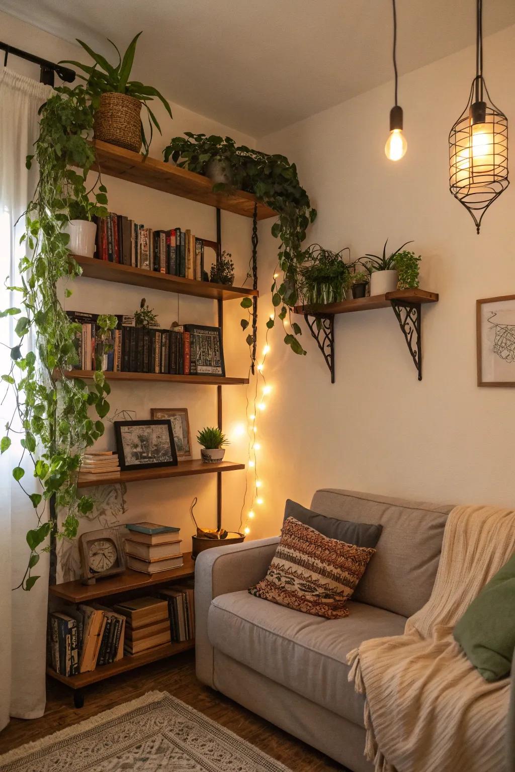 Overhead space is especially helpful in small areas, adding both storage and design.
