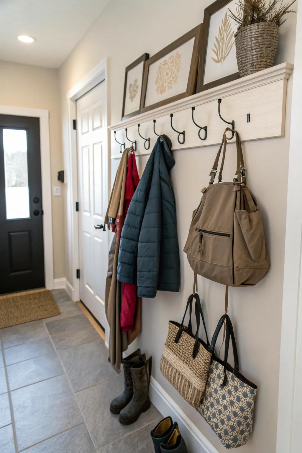 Wall-mounted hooks offer practical storage.