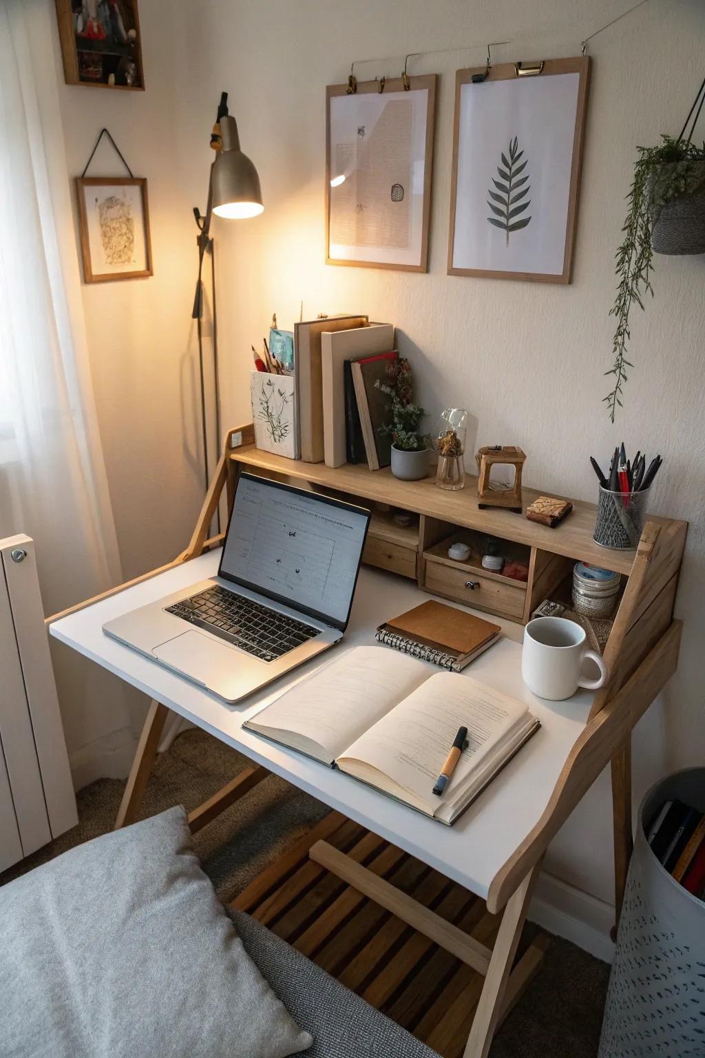 Pull-down desks provide a functional workspace without being permanent.