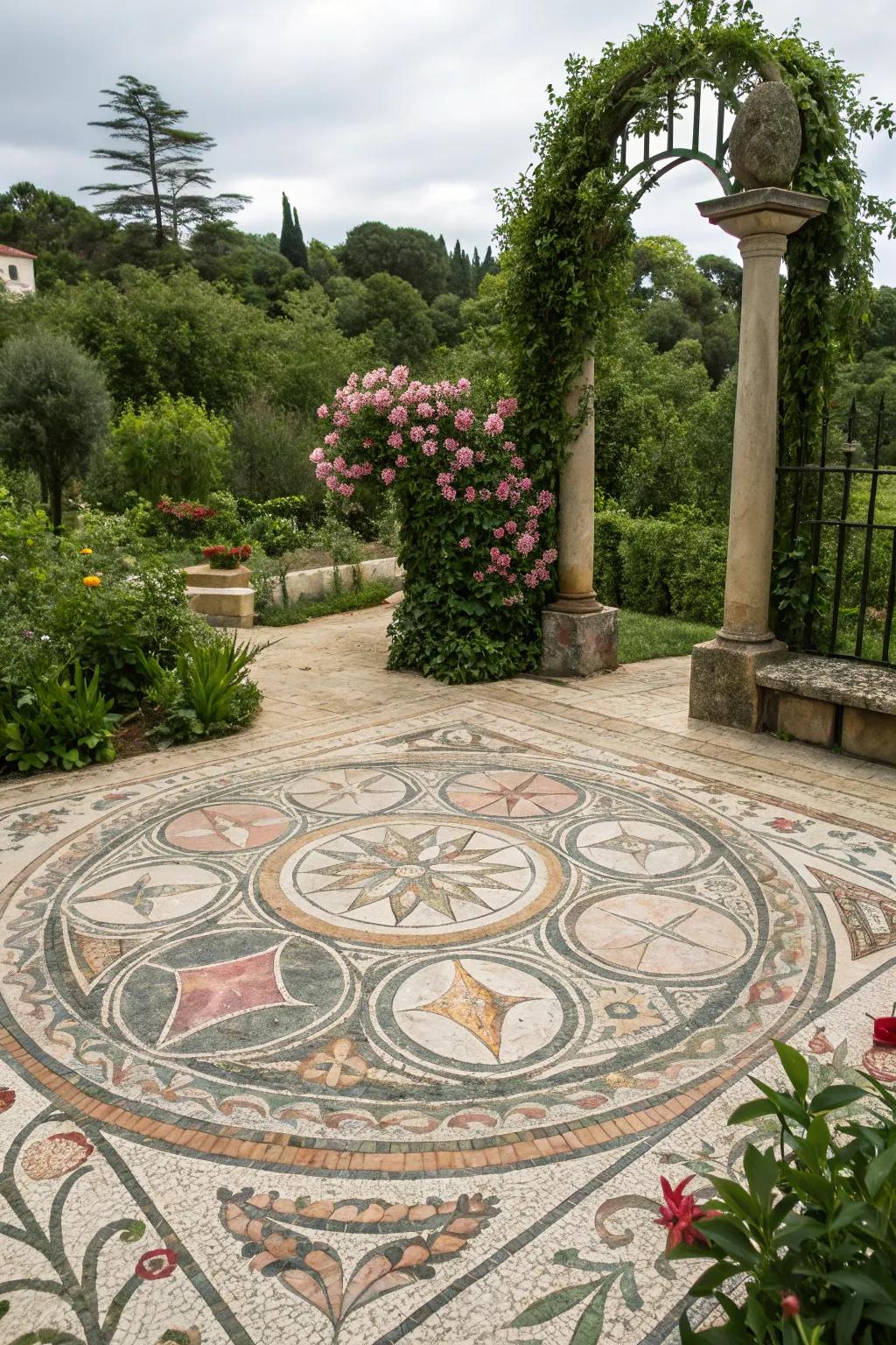 A stunning stone mosaic adding artistic flair to a garden.