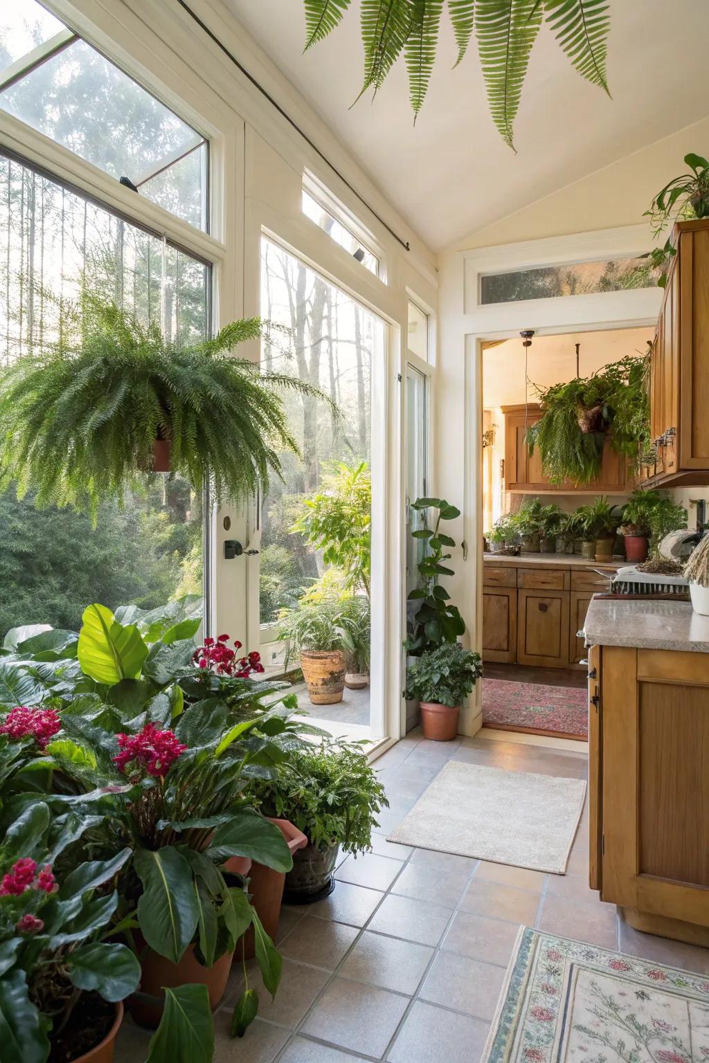 Indoor plants breathe life and freshness into the sunroom.