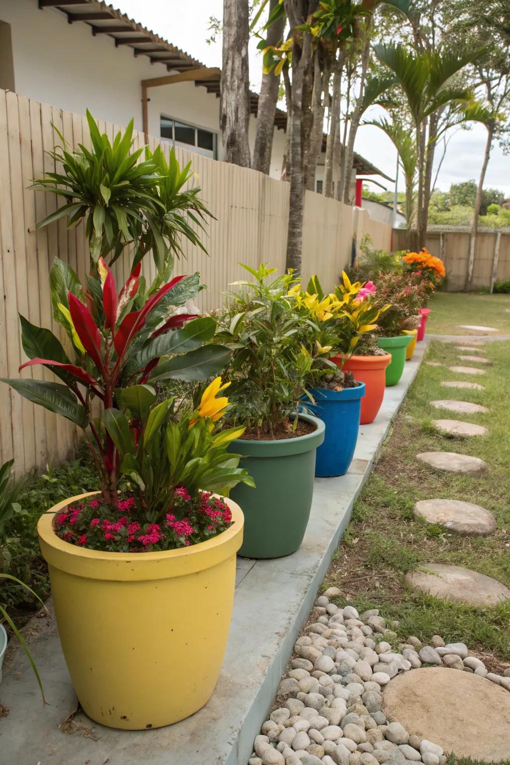 A compact garden is given a burst of tropical charm by colorful pots.