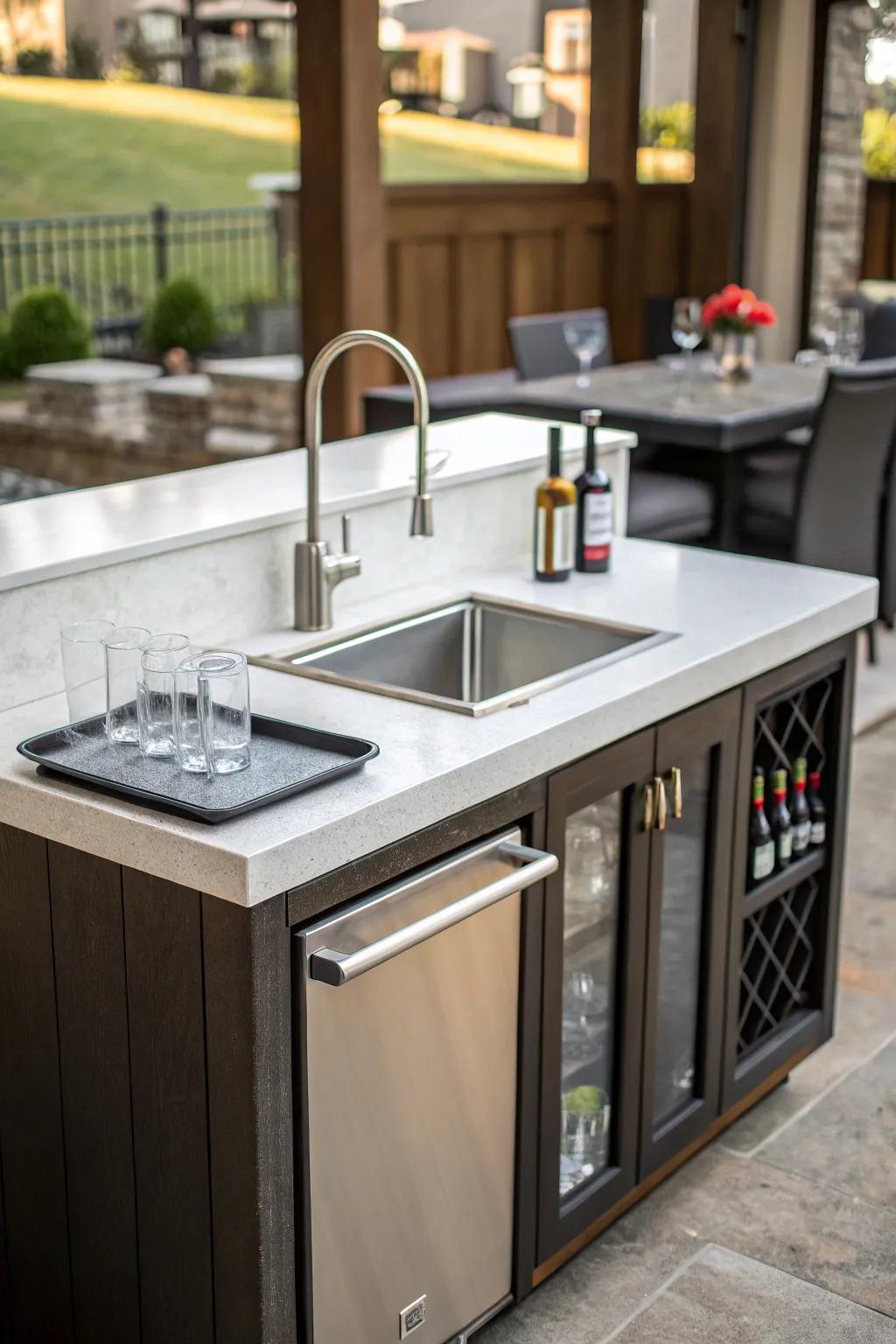 A modern integrated sink in a compact wet bar provides extra usefulness.